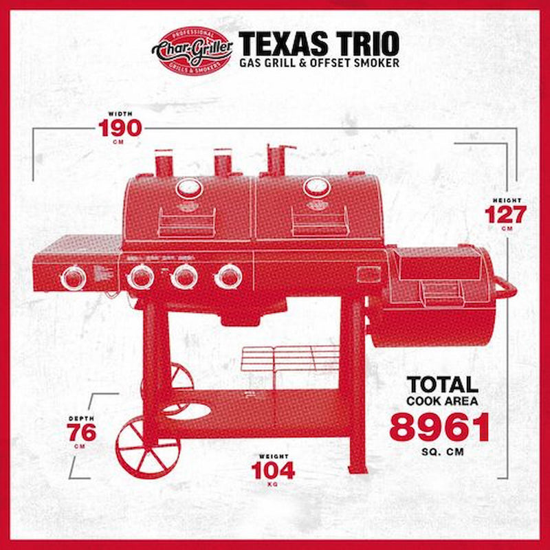 Texas Trio Char-Griller | Dual Fuel | BBQ and Smoker | showing physical dimensions